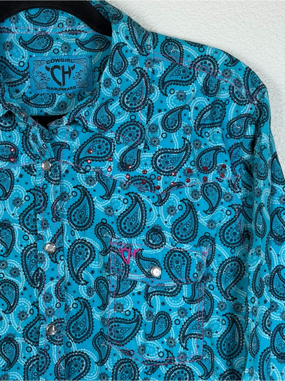 Women’s Large Turquoise Paisley Pink Rhinestone Western Pearl Snap Long Sleeve